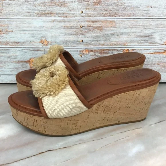 Coach Jazmin Wedge Sandals in Cream Canvas, Brown Leather & Cork - Picture 2 of 11